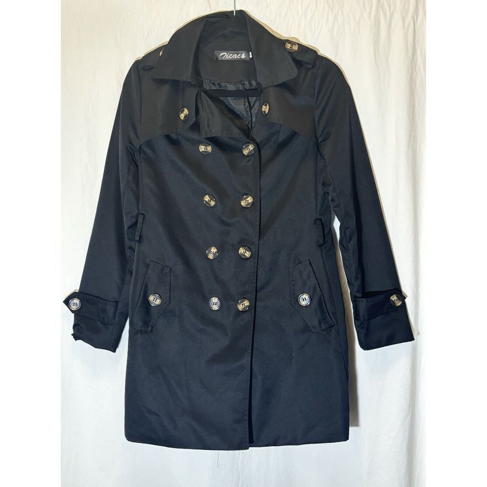 ACAC Women's Size M Coat Trench Black‎ Long Sleeve Buttons V17